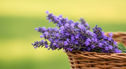 Fototapeta premium Lavender bouquet in basket symbolizing tranquility and natural beauty, with soft focus background