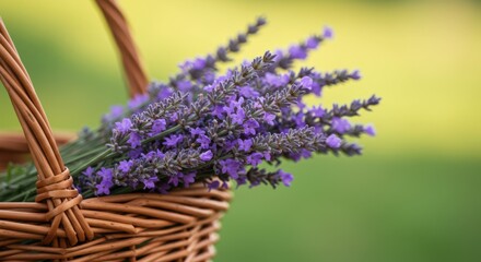 Fototapeta premium Lavender in basket symbolizing freshness and serenity, with purple flowers and woven container