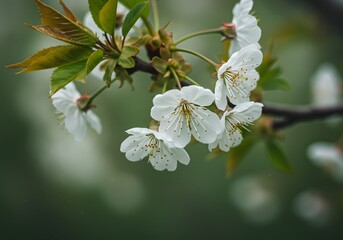 Delicate White Cherry Blossoms on Branch with Green Leaves