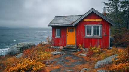 Rustic red cabin perched on a rocky shoreline.