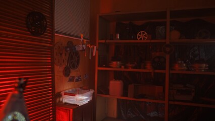Vintage Film Storage Room with Red Lighting and Shelving