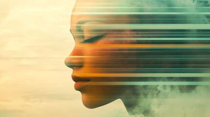 Dreamy visage of a woman with horizontal lines, symbolizing introspection