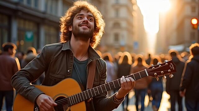 Young man joyfully playing acoustic guitar on lively street at sunset
