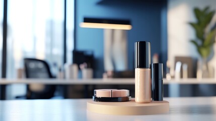 Elegant cosmetic arrangement on a pedestal against blurred room background