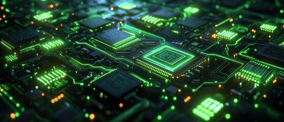Obraz premium Close-up view of a glowing futuristic electronic circuit board with multiple microchips and green illuminated pathways, emitting a high-tech and vibrant atmosphere