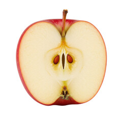 Cross-section of a fresh red apple showcasing its seeds and juicy interior on a white background