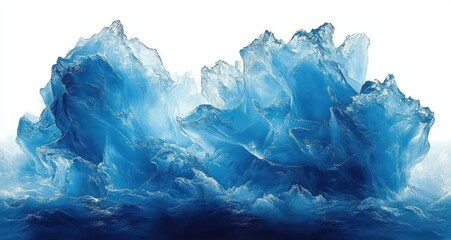 Fototapeta premium Abstract formation of jagged translucent blue ice or crystal resembling icy waves and jagged peaks under soft light