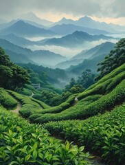 Lush tea plantation slopes, mountain vista, misty morning.