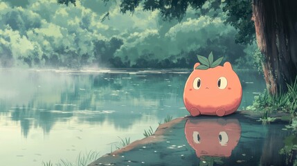 Whimsical creature by the tranquil riverside enjoying the misty landscape