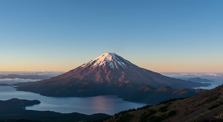 Snow Capped Mountain Overlooking Lake at Sunrise
