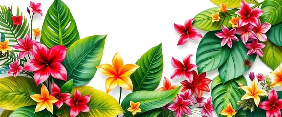 Fototapete Rund Vibrant, dry-brushed tropical flora  lush leaves & flowers on white, illustration, pattern © rattana
