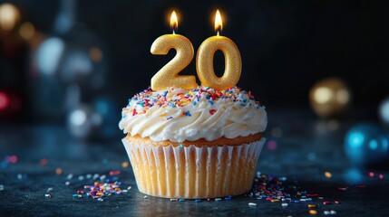 Vanilla cupcake with white frosting and colorful sprinkles topped with lit golden number 20 candles celebrating a milestone on a dark background with blurred festive decorations