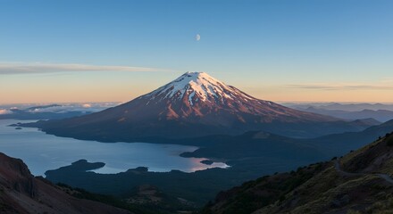 Snow Capped Mountain with Lake and Twilight Sky
