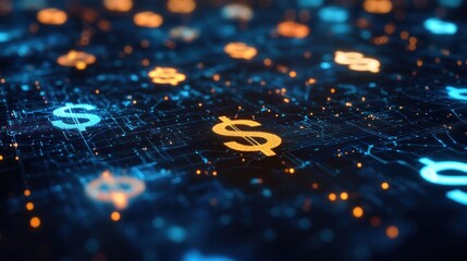 Glowing digital dollar symbols floating over intricate circuit board pattern with blue and orange highlights representing financial technology and digital currency