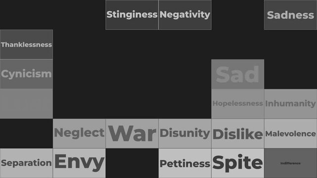 A grid featuring various shades of gray alongside numerous terms associated with negativity hate and warfare