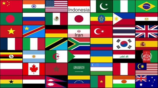 A grid showcasing a large number of flags each accompanied by its respective name displayed underneath