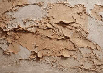 Rough, textured beige plaster wall with peeling layers.