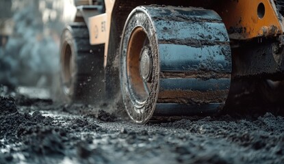 Heavy machinery compacts wet ground.  Close-up view of a vehicle's tire