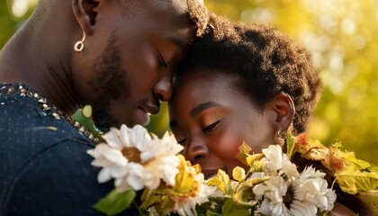 Fototapeta premium Retrato en primer plano de una pareja abrazada por flores