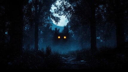 A shadowy forest with glowing eyes peering out from the darkness, under a full moon
