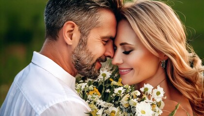 Fototapeta premium Retrato en primer plano de una pareja abrazada por flores
