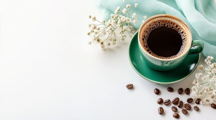 A cup of coffee is positioned on a green saucer beside a bouquet of flowers and a green cloth