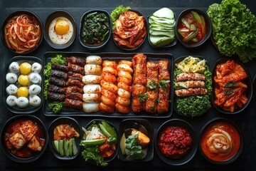 Assorted Korean dishes with various grilled meats, kimchi varieties, pickled vegetables, sauces, and fresh greens arranged on black plates creating a vibrant and appetizing spread
