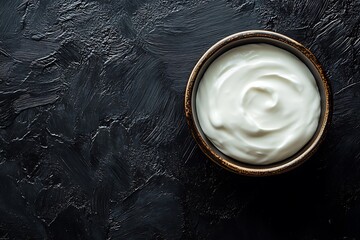 Creamy Greek Yogurt in a Bowl with Spoon on Black Background, Healthy Dairy Snack