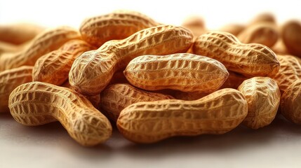 Close-up view of unshelled peanuts piled together with detailed textures under warm lighting