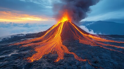 Dramatic volcanic eruption at sunrise.
