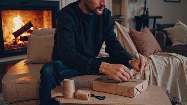 A man sits comfortably in a cozy living room, carefully wrapping a gift with twine near a crackling fireplace. Soft lighting creates a warm and inviting ambiance.