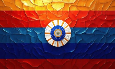 Obraz premium Colorful textured background with horizontal stripes in yellow, red, blue, and dark blue featuring a central circular abstract pattern with concentric designs