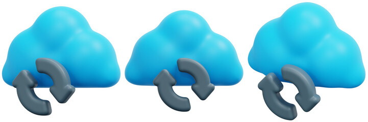 Set of Blue Clouds with Grey Circular Arrows: Data Synchronization Concept 3d Render Icon Illustration
