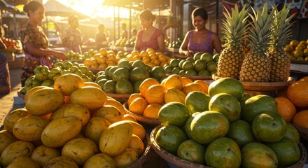 Warm Sunlight Illuminates a Vibrant Fruit Market Scene