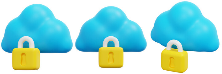 Set of Blue Clouds with Yellow Padlocks: Digital Security Concept 3d Render Icon Illustration