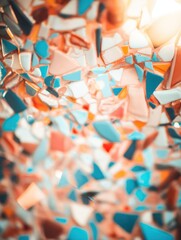 Colorful Mosaic of Shattered Pieces in Blue, Orange, and White Captured in High Detail, Perfect for Artistic and Abstract Themes