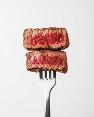 Two perfectly seared steak slices rest atop a fork, showcasing a beautiful, juicy red interior