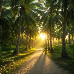 Obraz premium Sunlit Path Through Lush Tropical Palm Forest at Sunset