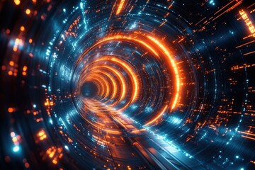 Futuristic glowing tunnel with swirling orange and blue lights creating a sense of depth and motion in a high-tech digital environment