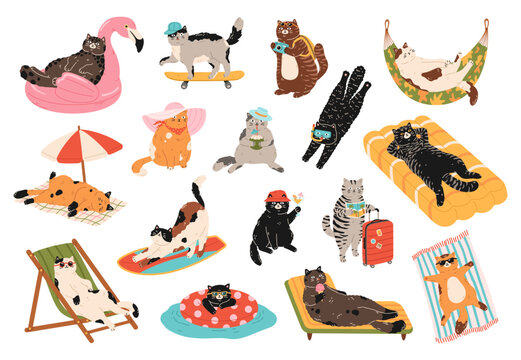 Funny set of cute cats on summer vacation. Different cat characters enjoying summer holidays, drinking cocktails, surfing, skateboarding, relaxing on loungers. Hand drawn cartoon illustration