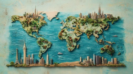 Detailed world map with sculpted cityscapes and terrain.