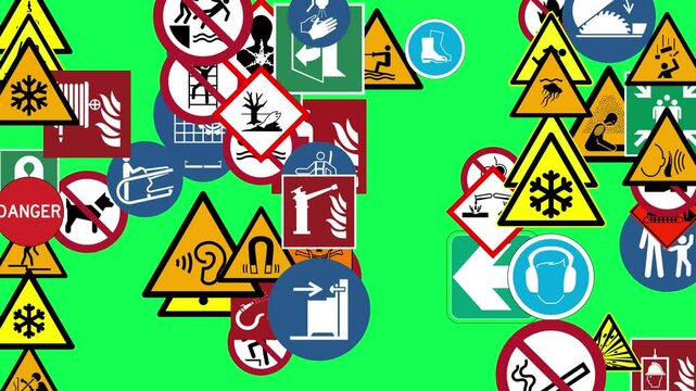 A large quantity of safety signs related to both individual safety and security in work areas displayed in a 12x12 grid