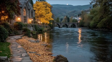Fototapeta premium Serene Golden Twilight with Moon Reflection on Calm River Surrounded by Autumn Foliage