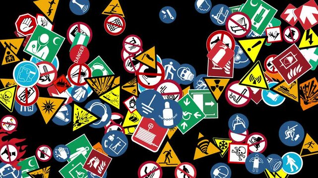 A large quantity of signs pertaining to both individual safety measures and safety regulations in work environments