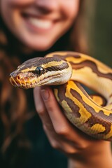 Fototapeta premium Close-up of a woman holding a colorful ball python snake, showcasing pet ownership, animal care, wildlife interaction, and nature appreciation outdoors.