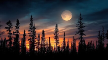 Fototapeta premium Majestic Full Moon Illuminates Silhouette of Trees Against a Vibrant Twilight Sky