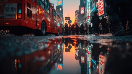 A vibrant red bus navigates a wet city street as pedestrians stroll nearby, adding life to the atmospheric, rainy evening