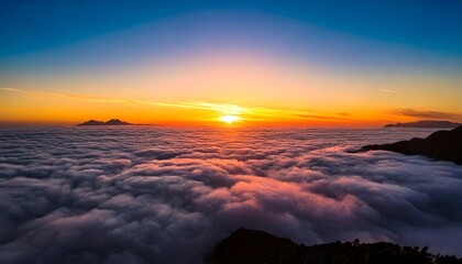 Vista aérea de una impresionante puesta de sol sobre un mar de nubes