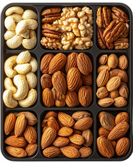 Overhead View of Assorted Nuts in a Black Tray, cut out, no background