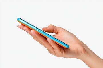 Hand Holding Light Blue and Orange Smartphone Against White Background
